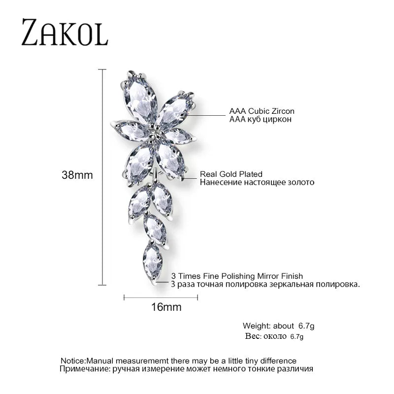 Leaf Zircon Wedding Earrings for Women White Gold Color Marquise Crystal Bridal Earring