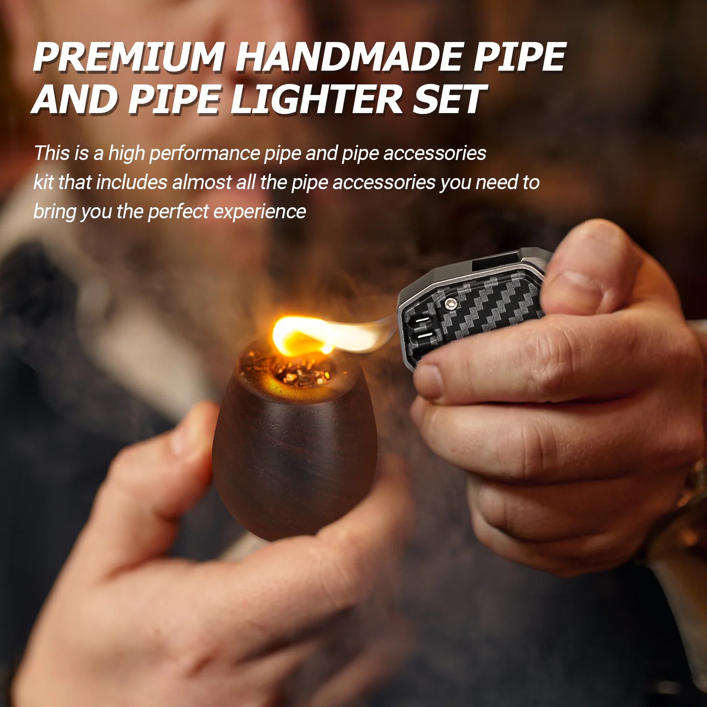 Handmade Wood Pipe and Cigar Lighter Set Cigar Accessories Soft Flame Refillable Butane Lighter 3 Foldable Cleaners Tools