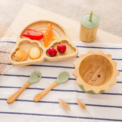 Baby Feeding Tableware Set With Silicone Suction Cups Kid Dinnerware Bowl Plate Fork Spoon Cup Baby Bamboo Feeding Supplies Gift