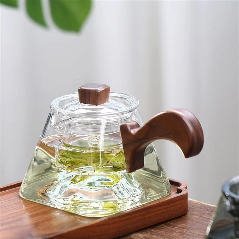 450ml Square Bottom Mountain Glass Teapot With Infuser Side Wooden Handle Tea Pot Puer Oolong Tea Maker Kungfu Tea Set