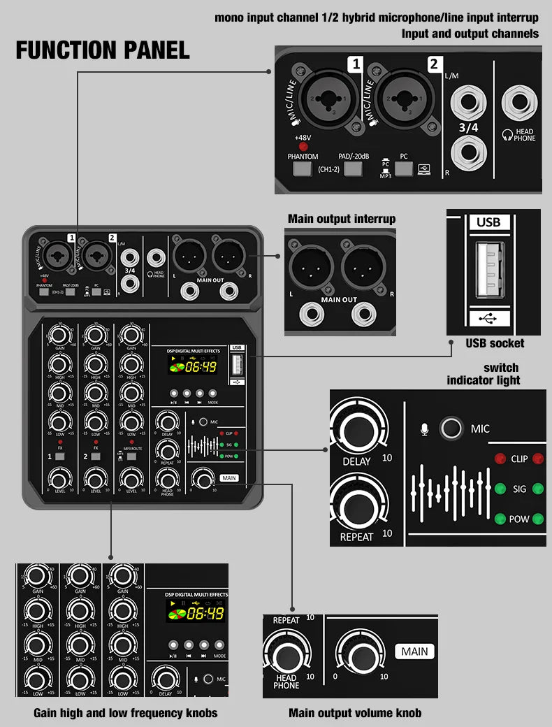 4-Channel Mixing Console Bluetooth Audio Mixer 48V Professional USB Computer Karaoke