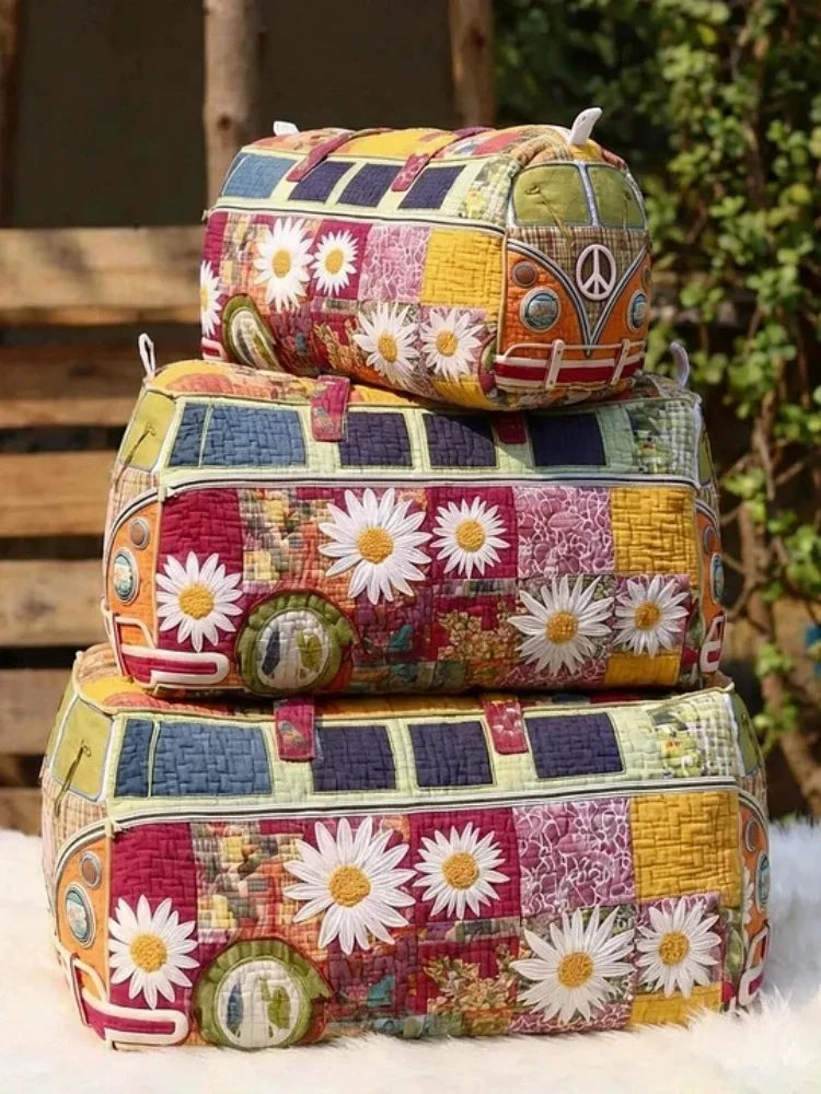 3-Size Quilted Cosmetic Bag 3D Printed Cute Animal Floral Printed Patchwork Makeup Toiletry Pouch Travel Organizer Storage Box