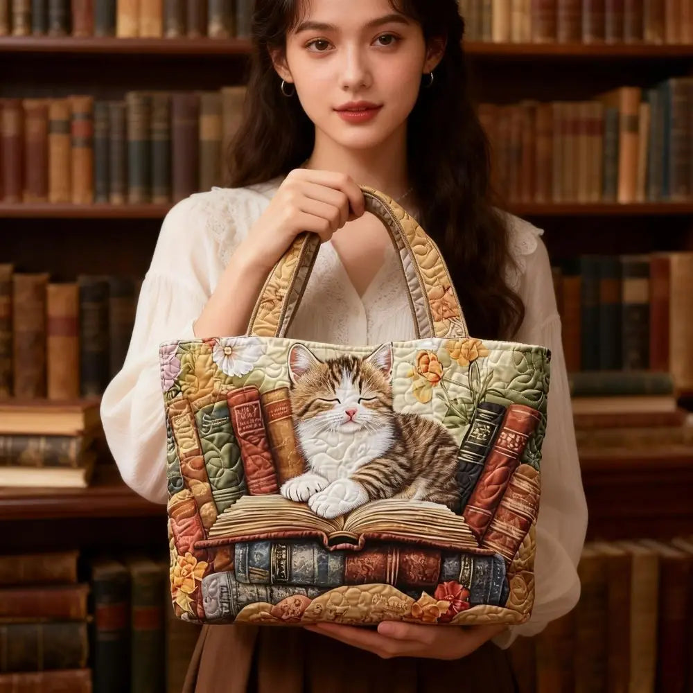 Cat Print Quilted Cotton Tote Bag Large Capacity Travel Shopping Handbag