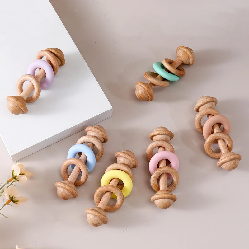 1pc Baby Toys Beech Wooden Rattle Hand Bells Toys Of Newbron Montessori Educational Toys Mobile Rattle Wooden Ring Baby Products