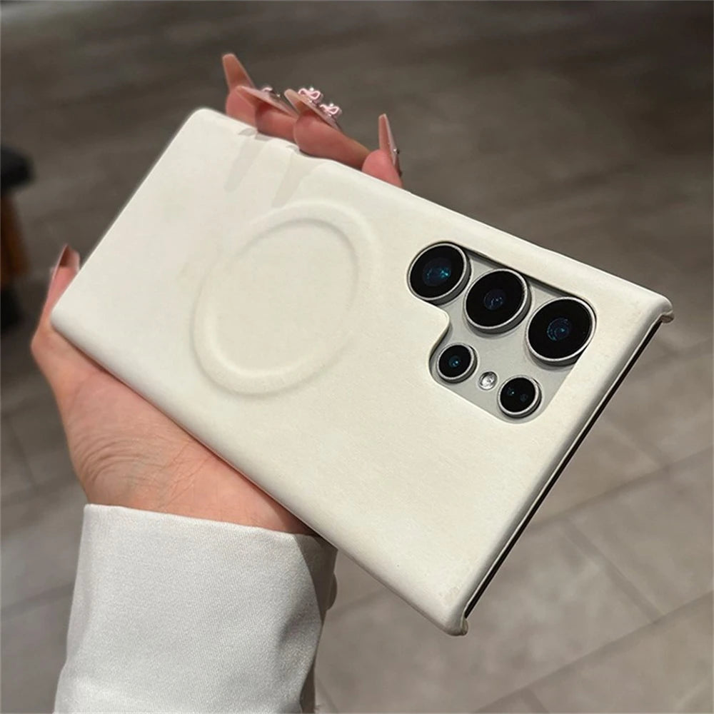 Luxury Leather  For MagSafe Wireless Charging Phone Case For Samsung S23 S24 S25 Ultra Lambskin Solid Color Hard Cover