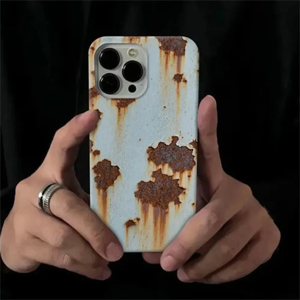 INS Creative 3D Effects Rusty Metal Phone Case For iPhone 16 15 14 13 Pro Max Plus Vivid Effect Soft Silicone Back Cover