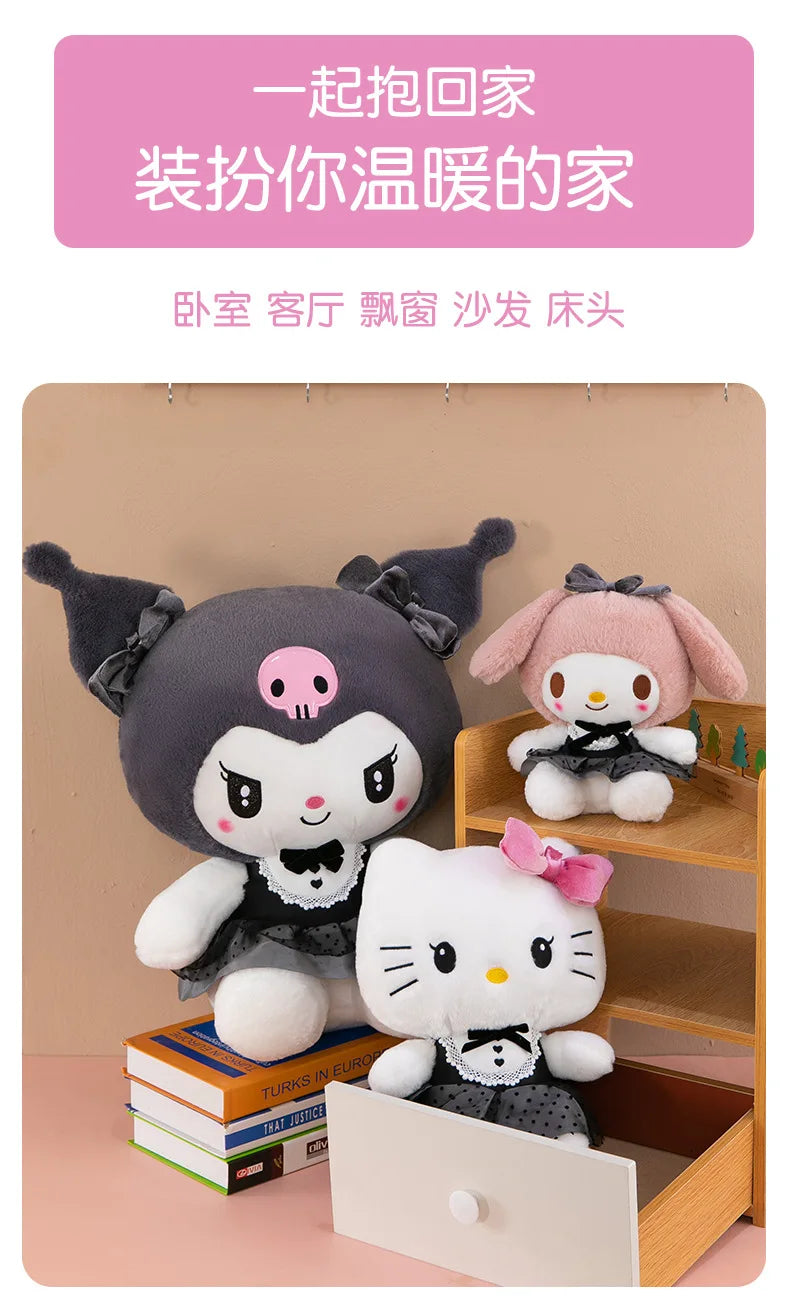 Kawaii Kuromi My Melody Plush Toy with Black Bow Skirt Cute Hello Kitty Stuffed Doll for Kids Birthday Xmas Gift Large Size Toy