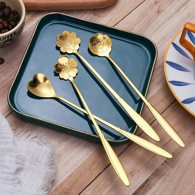 4pcs Long Flower Spoon Stainless Steel Dessert Spoons Gold Long Handle Teaspoon Mixing Scoop for Coffee Cake Kitchen Accessories