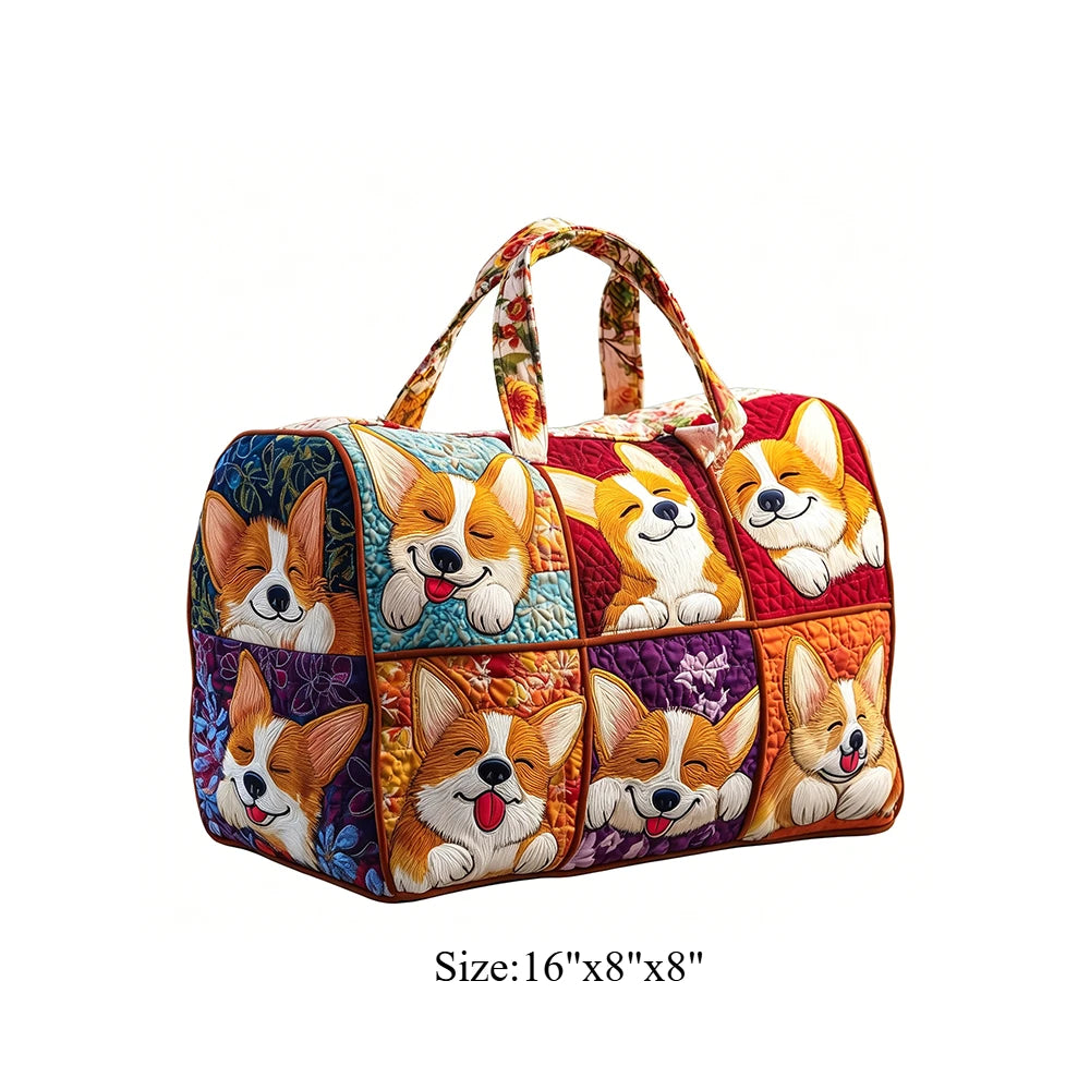 Cute Corgi Dog Print Quilted Duffel Bag Women 3D Puppy Print Travel Weekender Casual Gym Sports Overnight Carry On Bags