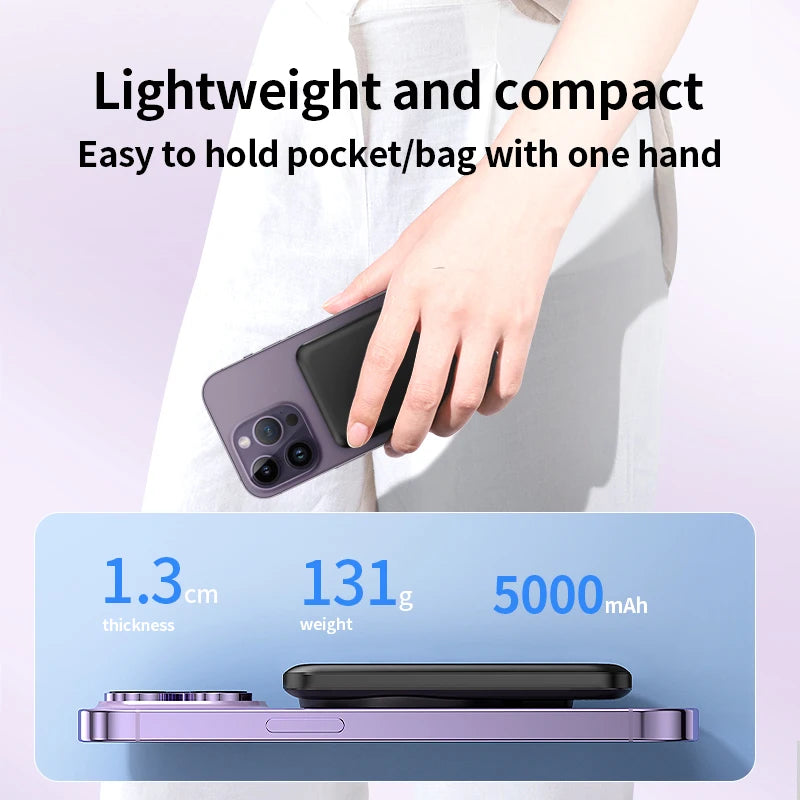 Portable Magnetic Power Bank 5000mAh 3-in-1 Wireless 15W Fast Charing Battery for iPhone 17 16 15 14 13 12 Pro Watch Airpods