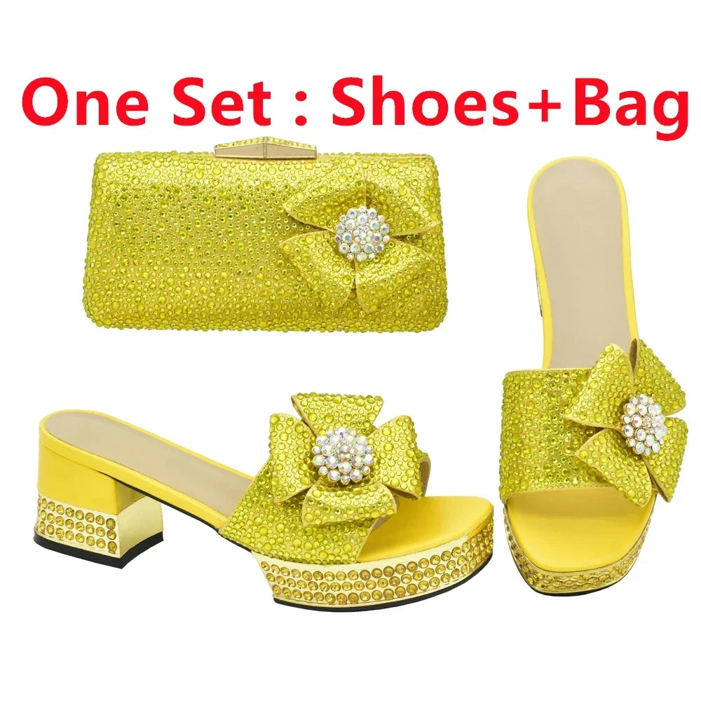 Nigerian Italian Shoes and Bags Set Decorated with Rhinestone Luxury Shoe and Bag Set for Party in Women