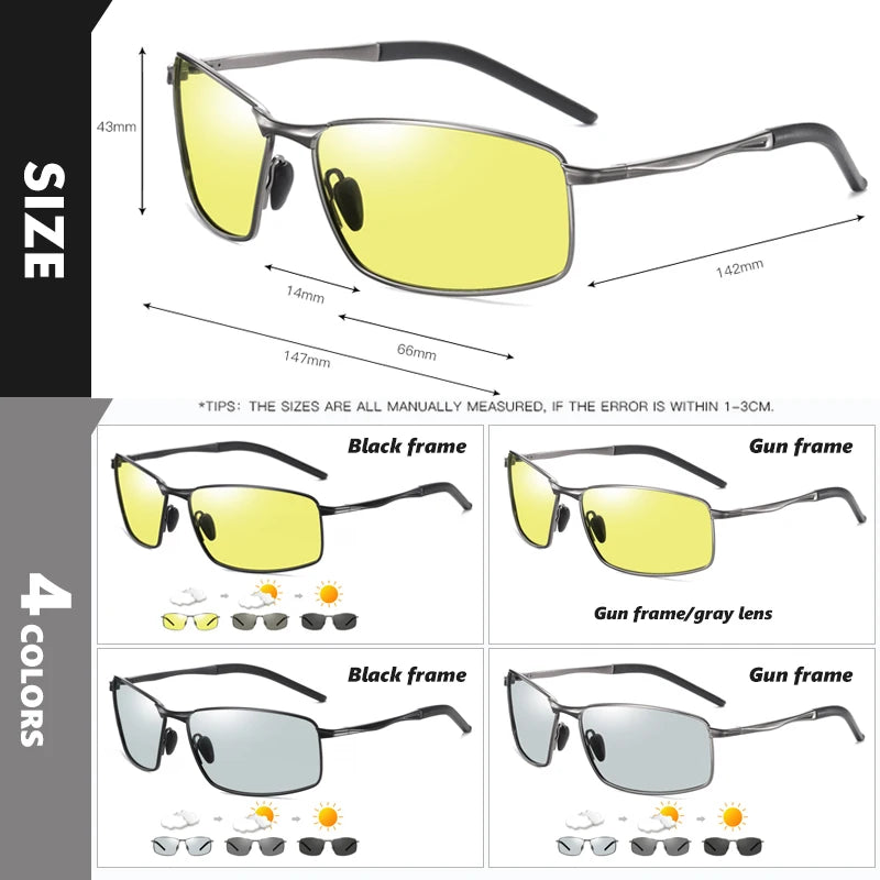 Aluminum Square Polarized Photochromic UV400 Day Night Driving Sunglasses for Men Women