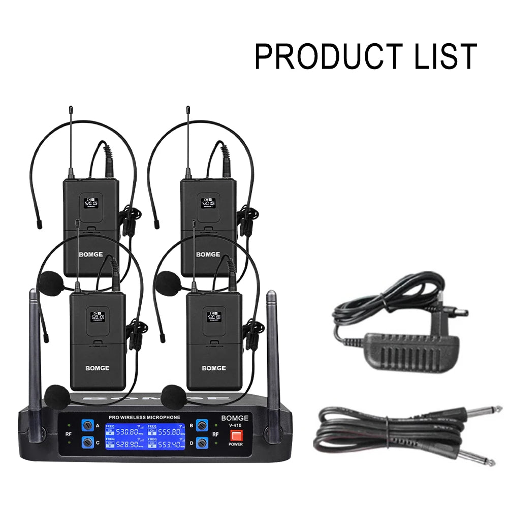 4 Channel Wireless Headset Microphone System for Stage Performances and Conferences