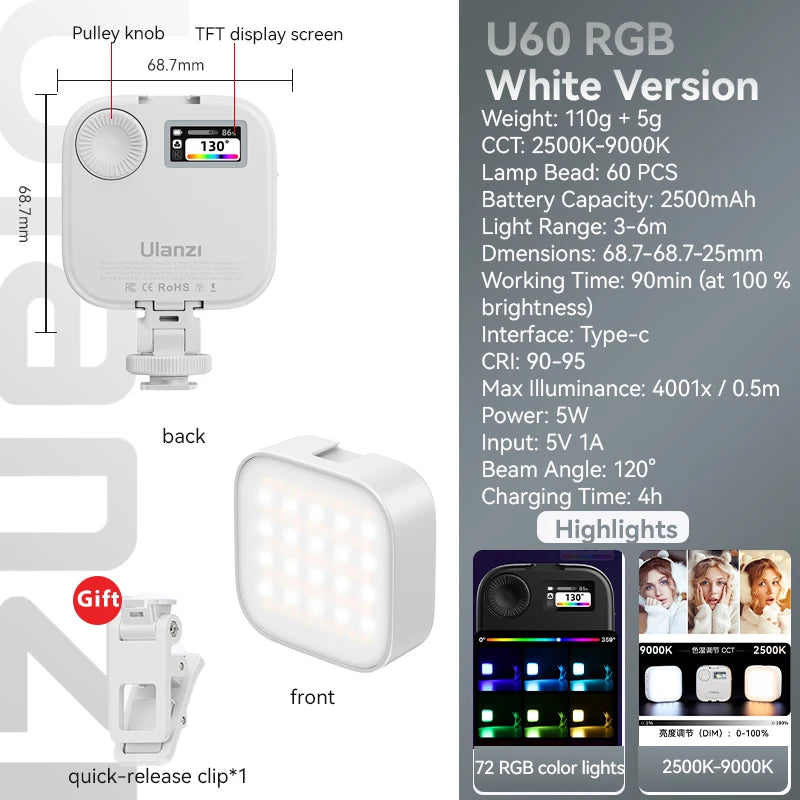 U60 Mini Pocket LED Video Lamp – RGB 2500-9000K Rechargeable Photography Light with LCD Screen & Cold Shoe Mount
