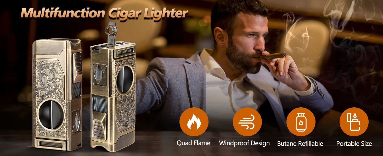 Cigar Lighter 4 Jet Flame, Refillable Butane Lighter with Cigar Cutter V Cut Cigar Punch Cigar Holder Cigar Draw Enhancer