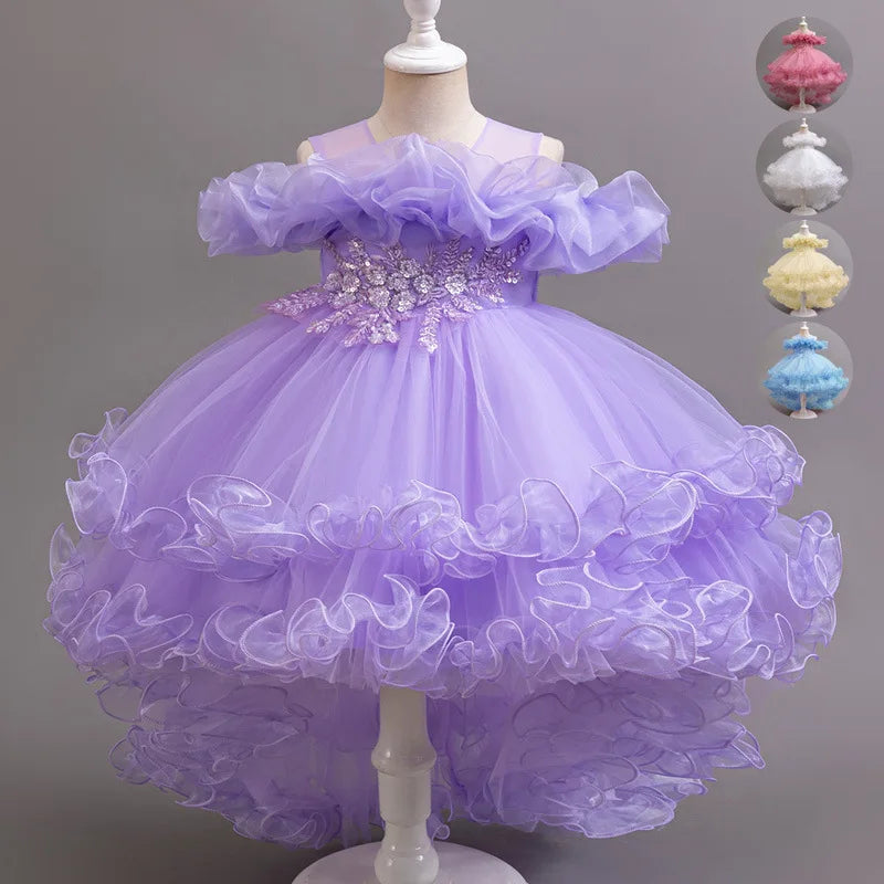 Luxury Off-Shoulder Girls' Dress - Convertible Tulle Ball Gown for Birthday Parties & On-Stage Events