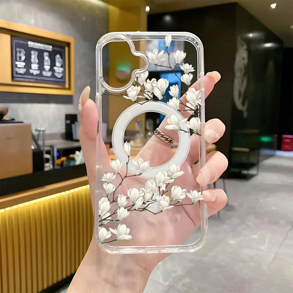 Magsafe Tulip Flower Magnetic Transparent Phone Case for iPhone 16 15 Pro Max 14 Plus Wireless Charging Shockproof Cover