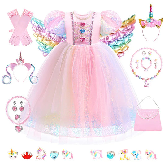 Unicorn Princess Rainbow Heart Tulle Gown with Glitter Layer