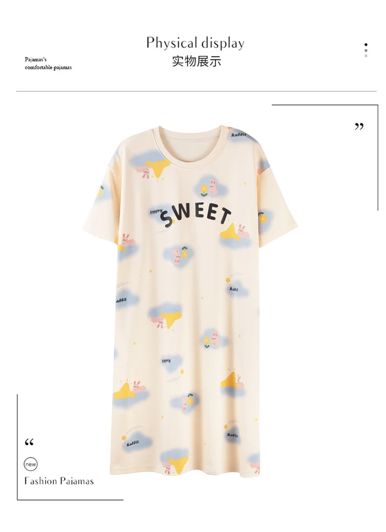 Women’s Cotton Nightgown – Korean Style Cute Print, Summer Short Sleeve Sleepwear Dress