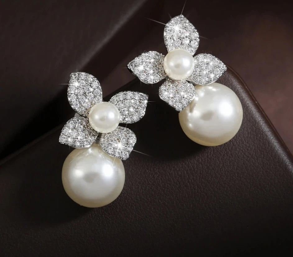 Shiny Imitation Pearl Flower Dangle Earrings for Women Fashion Cubic Zirconia Gold Color Bridal