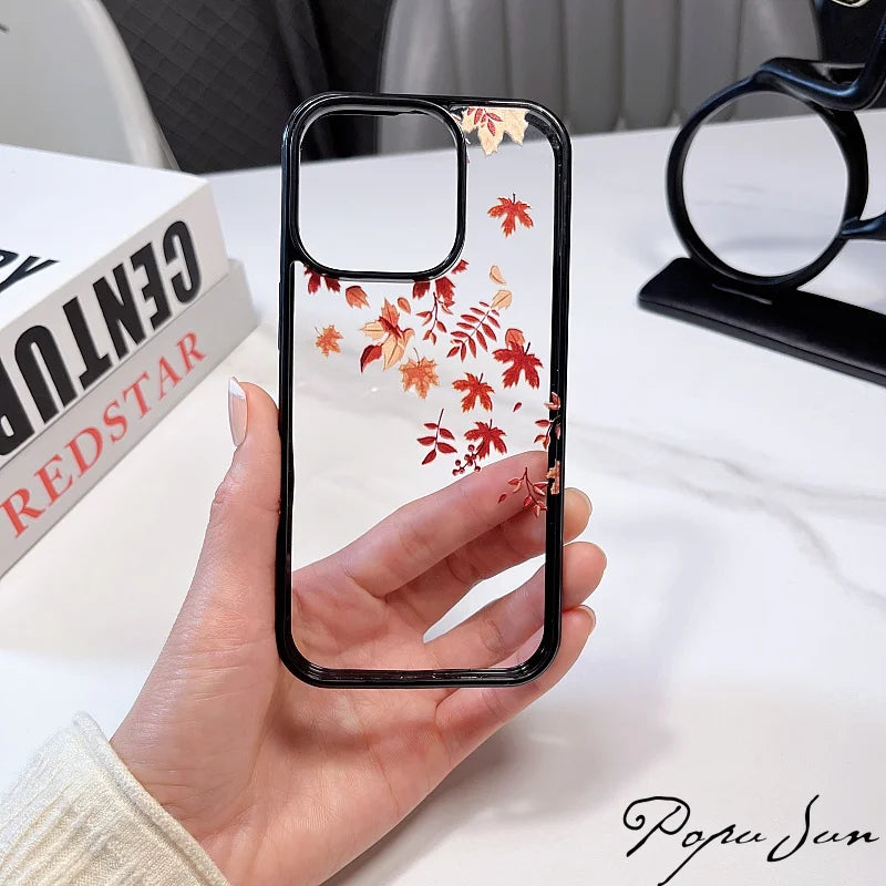 Transparent Fallen Leaves Flower Phone Case For iPhone 16 15 14 Pro Max 15 14 16 Plus Maple Leaf Clear Funda Back Cover