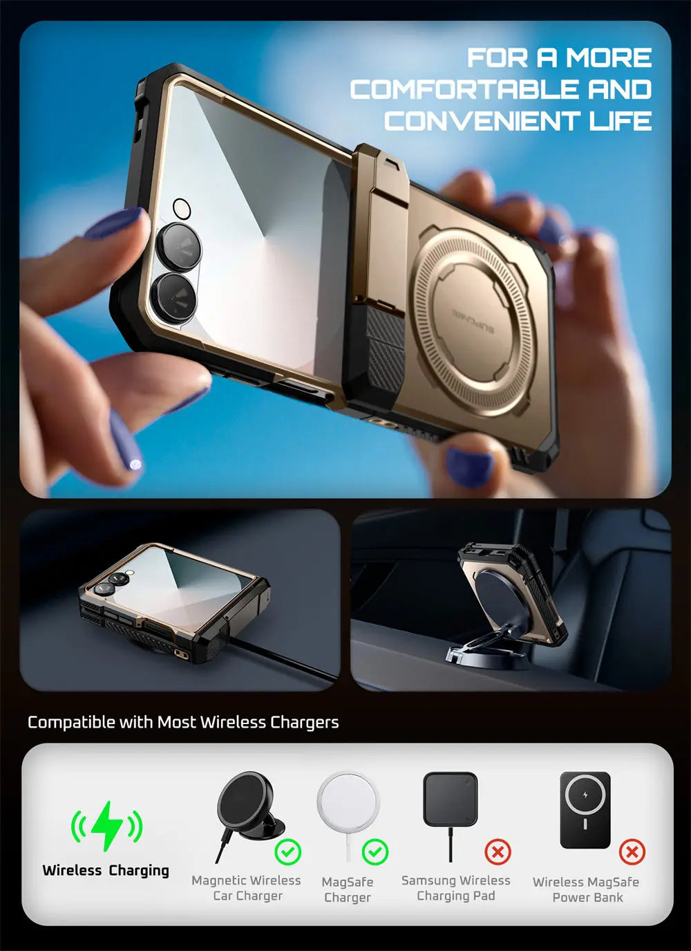 For Samsung Galaxy Z Flip 7 Case UB Grip Military-Grade Rugged Back Phone Case with Stand & Front Screen Protector