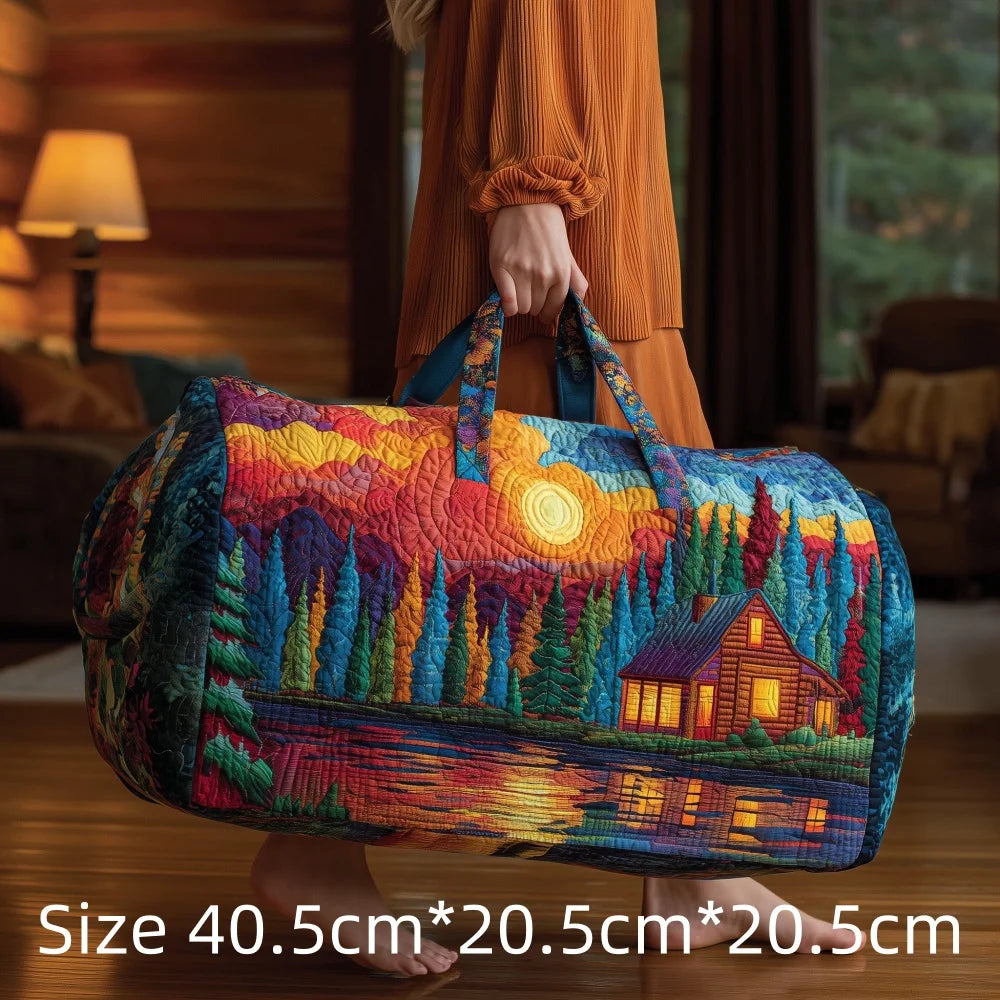 3D Print Quilted Travel Bag Autumn Mountain Forest Cabin Tote Weekender Duffle for Women Men Vintage Nature Landscape Hangbag