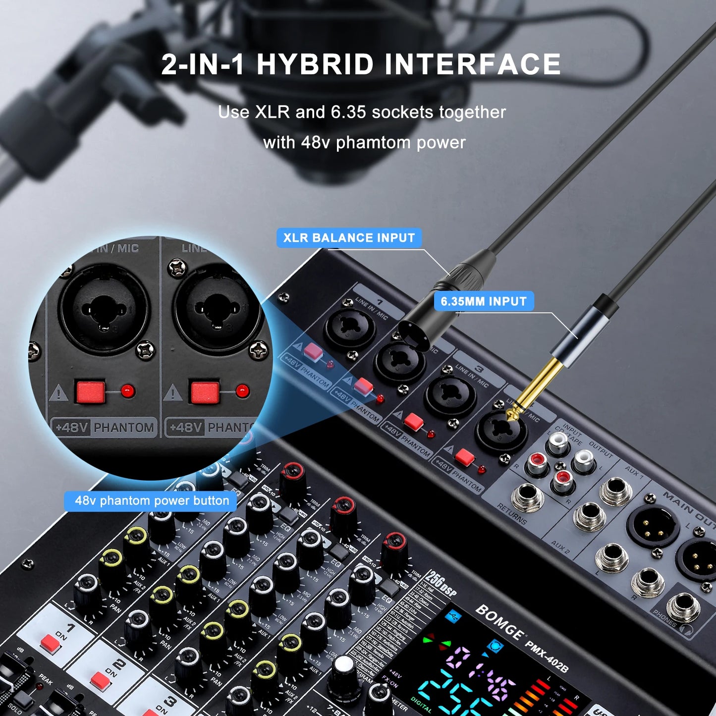 Professional 4 Channel Audio Mixer with Bluetooth and 256 Reverb Effects