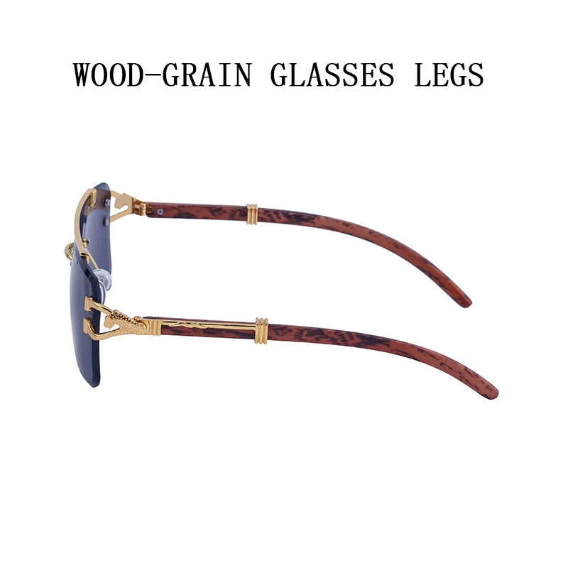 Rimless Sunglasses Vintage Sunglasses Women Luxury Fashion Glasses Square Wood Grain Shades