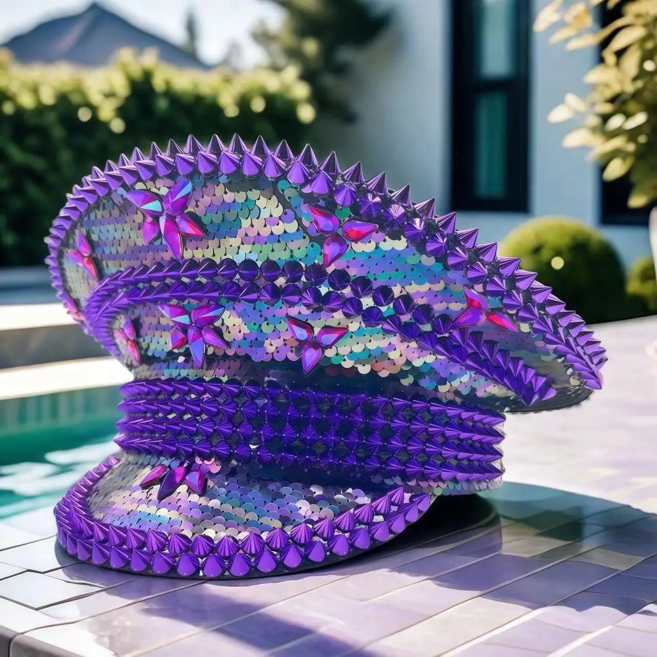 Violet Pool & Beach Steampunk Top Hat, Elegant Captain Hat Rhinestone Burning Man Woman, Party Caps for Man Original