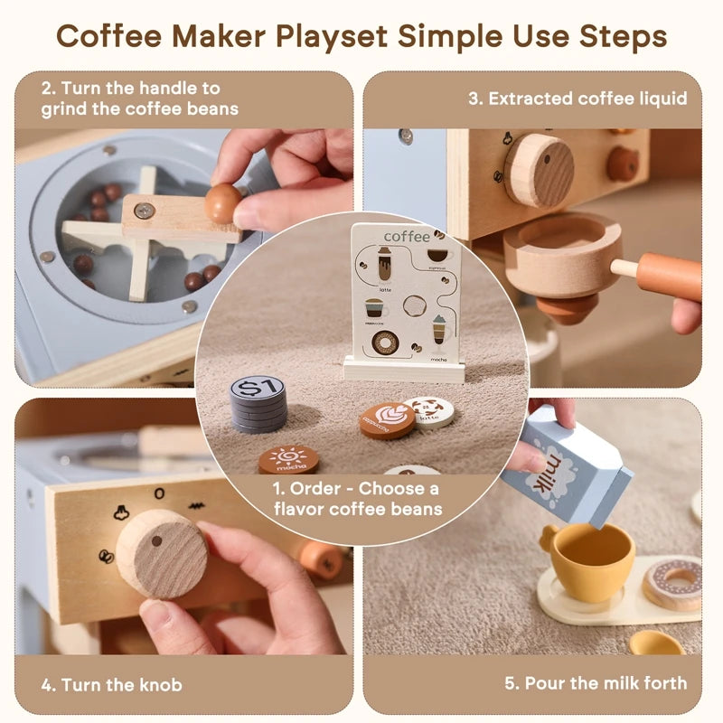 Kids Kitchen Toys Set Wooden Coffee Maker Set Simulation Donut Afternoon Tea Toys Game Kid Educational Toy Gifts for Girls Boys