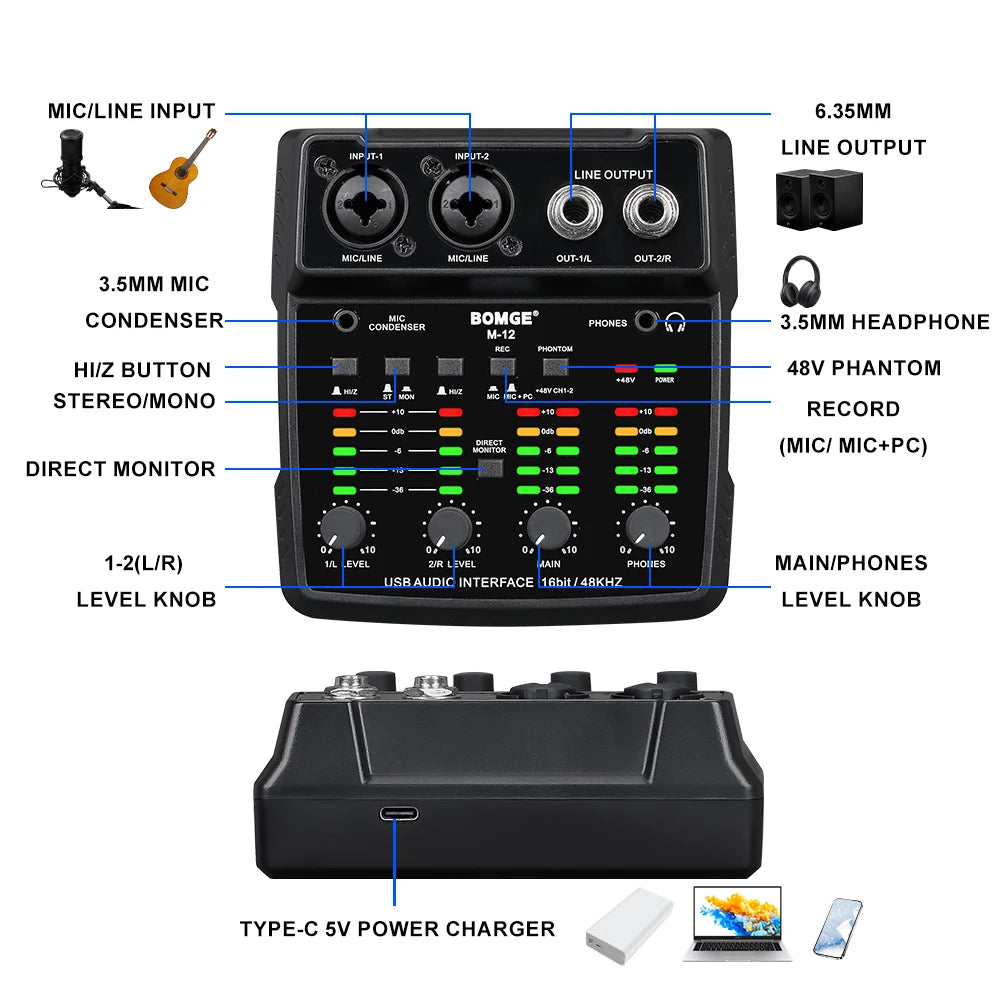 M12 2 Channel USB Audio Interface for Recording and Streaming
