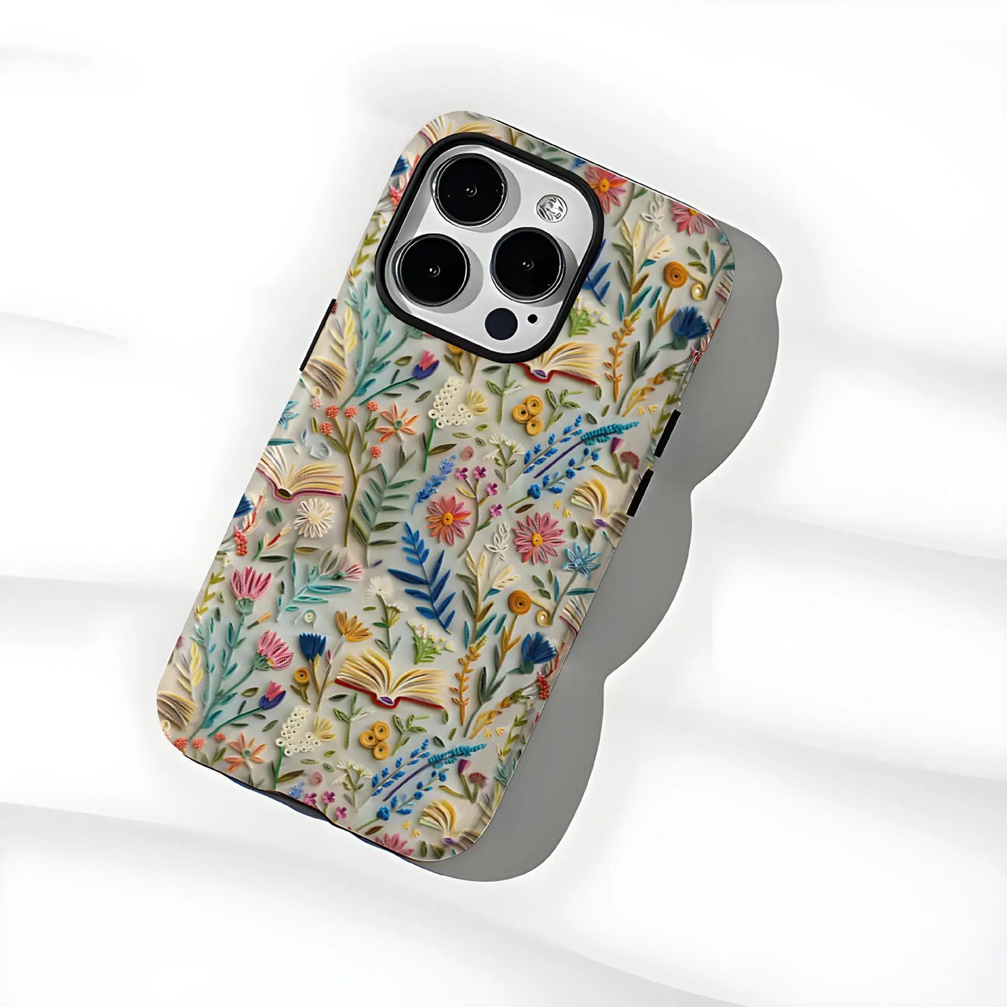 Romantic Wildflower Boho Embroidery Phone Case for iPhone 16 15 Pro Max Plus – 2 in 1 Hard Protection