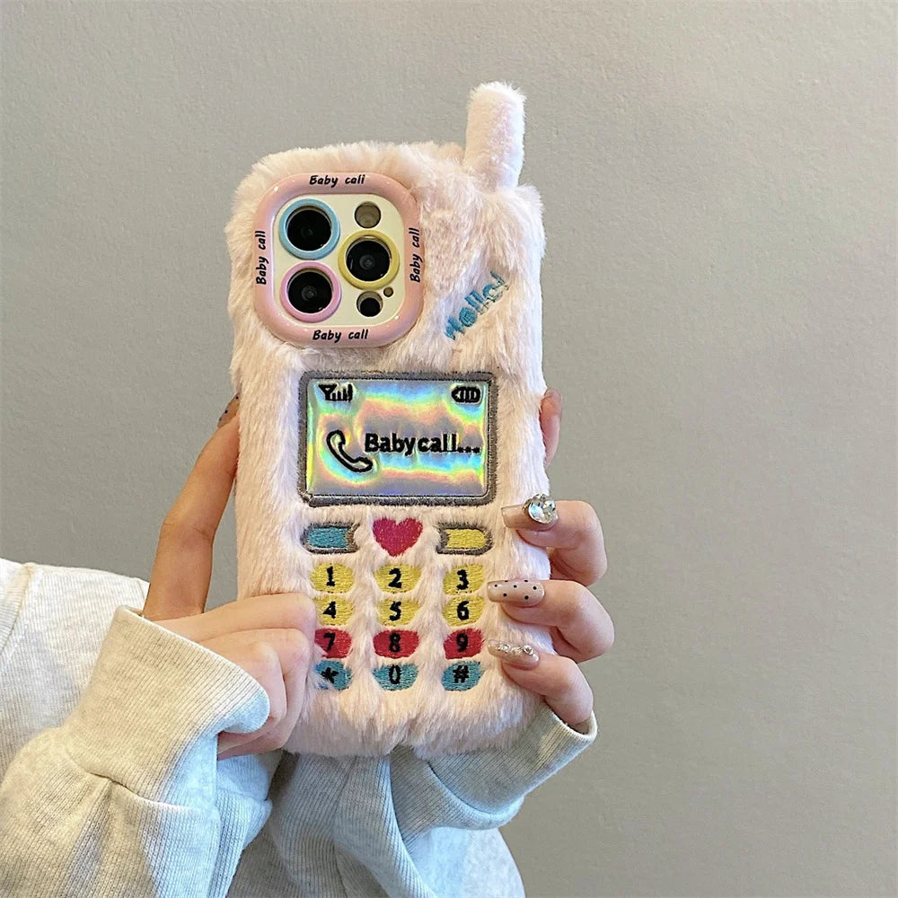 INS Y2K Furry Retro Call Heart Phone Case For iPhone 16 15 14 Pro Max  13 Plus Girl Camera Bracket Winter Silicone Cover