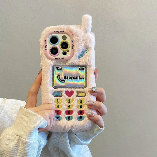 INS Y2K Furry Retro Call Heart Phone Case For iPhone 16 15 14 Pro Max 13 Plus Girl Camera Bracket Winter Silicone Cover