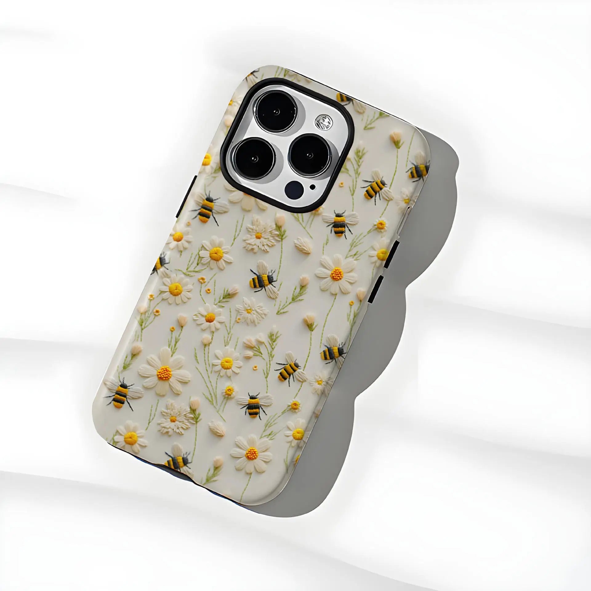 Luxury Embroidery Effect Bee Daisy Flower Phone Case for iPhone 16 15 Pro Max Plus 2 in 1 Hard Protective Cover