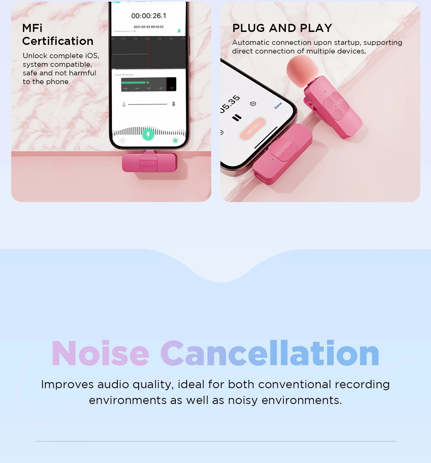 BY-V2-P Wireless Lavalier Microphone Portable Audio Video Recording Mini Mic for iPhone Android Vlog Gaming Phone Mic