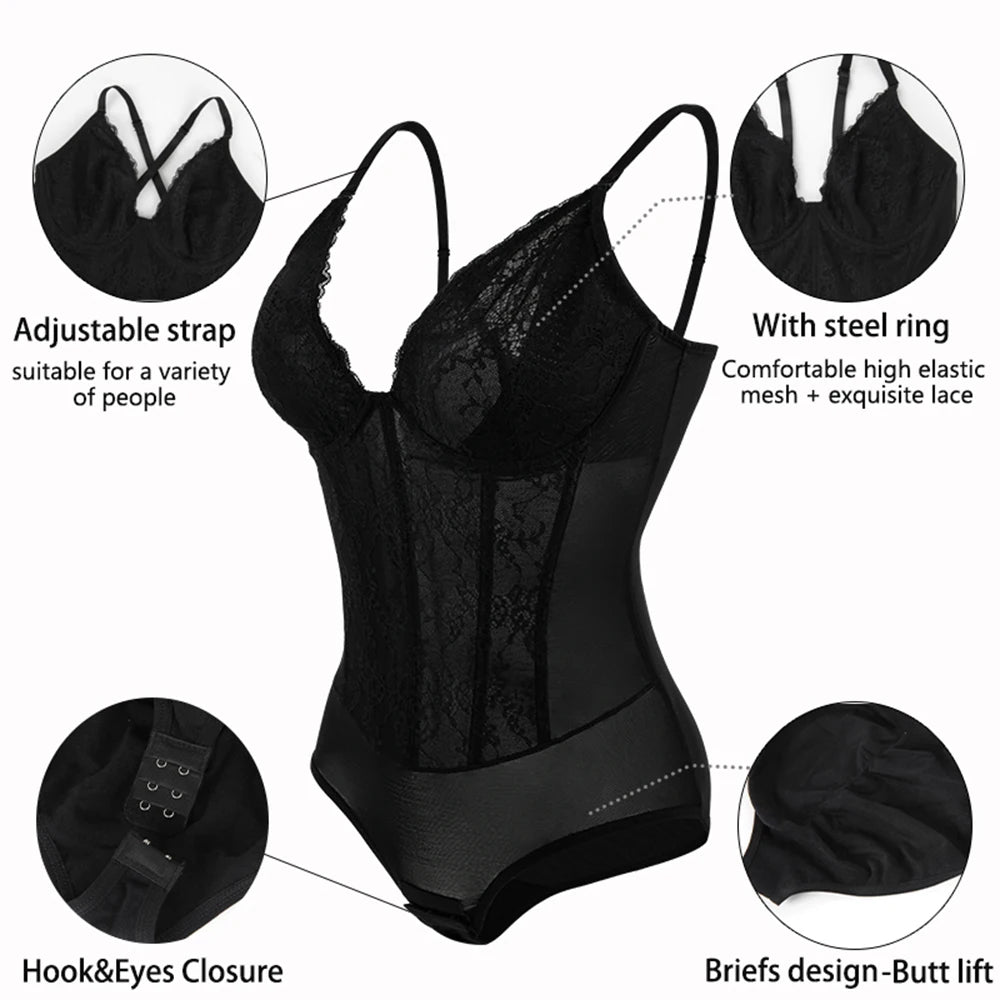 Lace Bodysuit for Women – V-Neck Backless Tummy Control Shapewear
