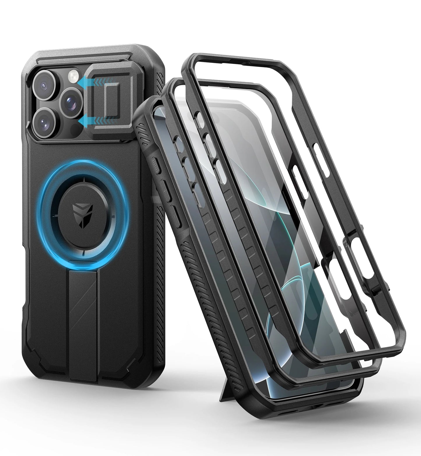 For iPhone 16 Pro Max Rugged Armor Shockproof Case with Built-in Sliding Camera Cover and Built-in Screen Protector Kickstand