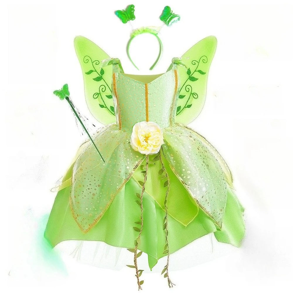 Girl Green Leaf Sequin Fairy Dress Sleeveless Strap Elf Tutu Gown Kids Birthday Party Halloween Cosplay Forest Princess Costume