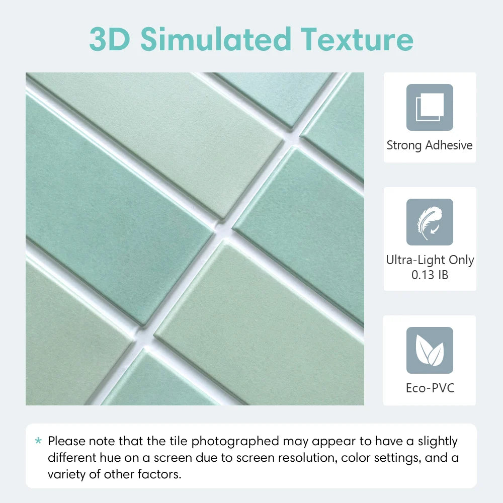 10pcs 3D Tile Stickers, Self-adhesive Green Tile Backsplashes for Kitchen, Bathroom Walls, Water and Mold Resistant, Matt, 30x30cm