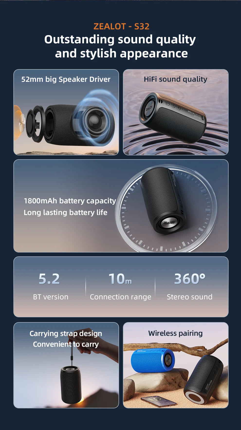 Portable Wireless Speaker Subwoofer Stereo Waterproof Powerful Column Outdoor Speakers Boom Box TF Card & AUX Audio