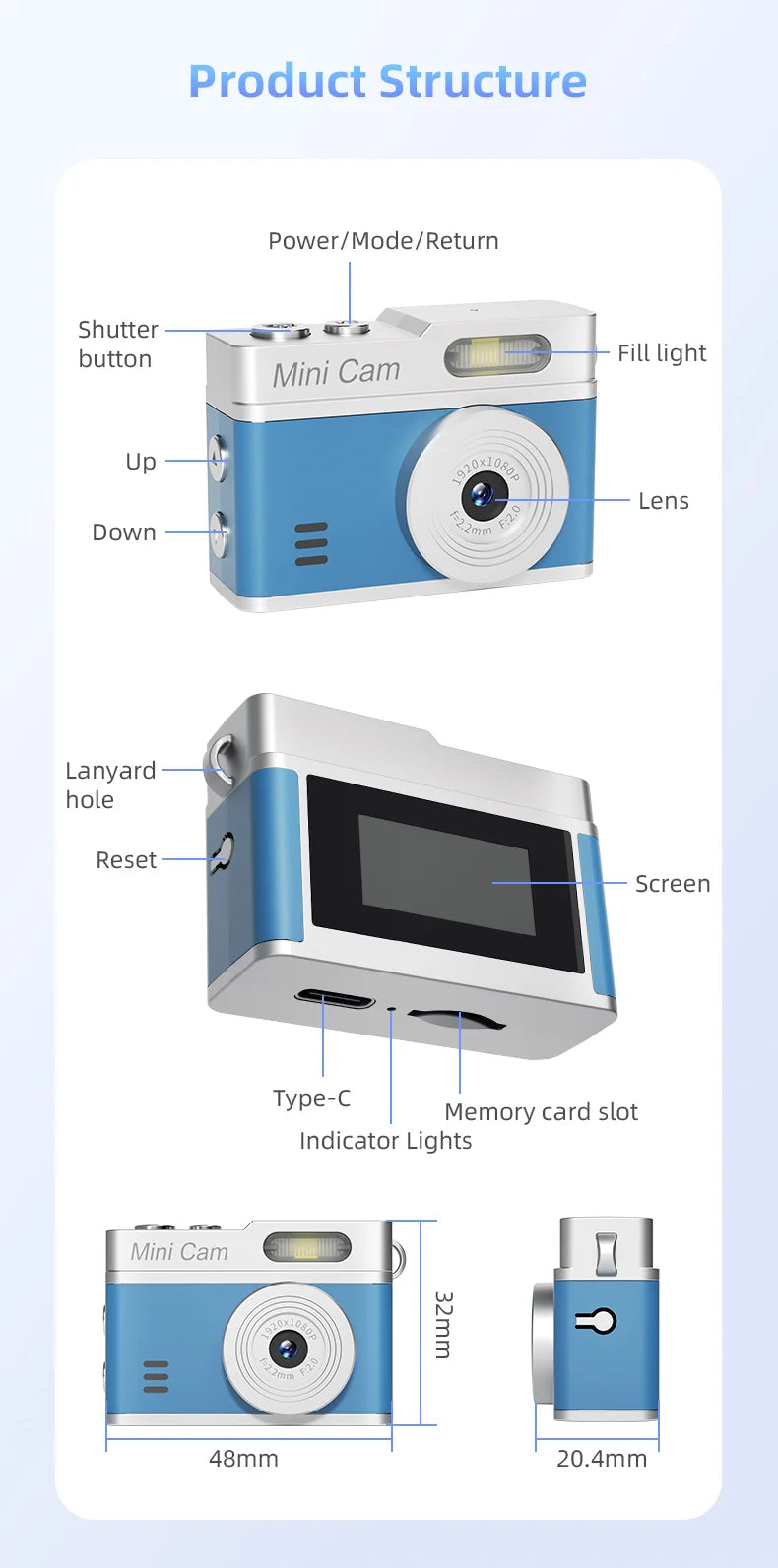 1080P Pocket Action Camera Portable with LED Retro Camera Outdoor Bodycam Mini Keychain Digital Cam 0.96-inch HD Video Recorder
