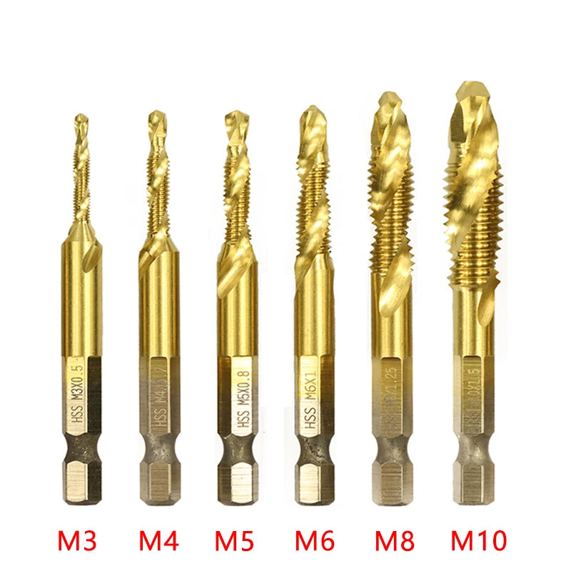 1pcs Hex Shank Titanium Plated HSS Screw Thread Metric Tap Drill Bits Screw Machine Compound Tap M3 M4 M5 M6 M8 M10 Hand Tools