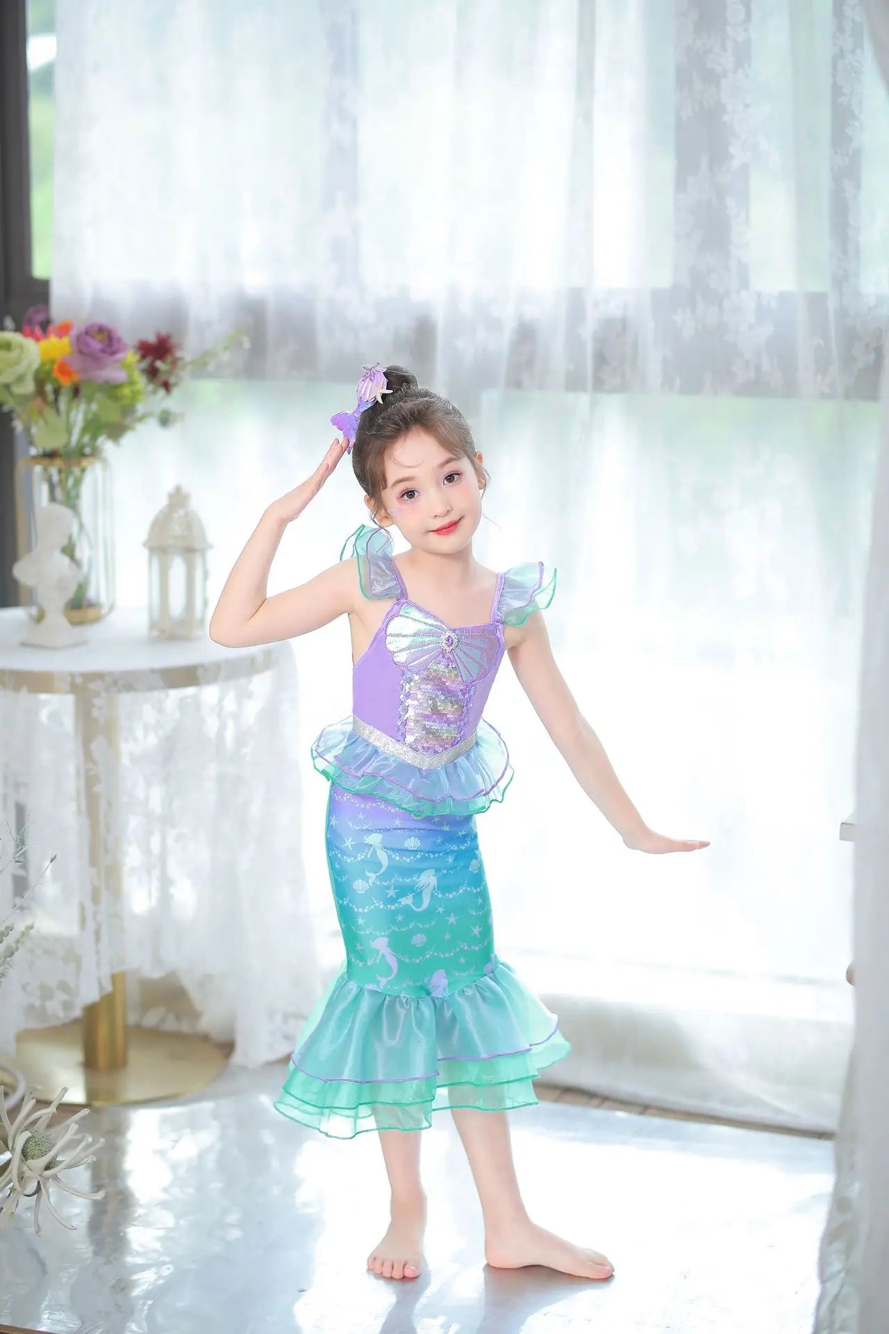 Mermaid Princess Dress for Girls - Summer flutter sleeves Sequin Tulle Dress Sparkling Ocean Themed Party Gown