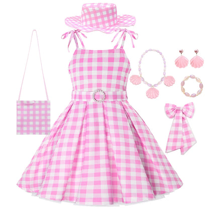 Girls Movie Princess Dress Cosplay Costume Pink Plaid Beach Barbi Outfit Birthday Halloween Party Kids Dress