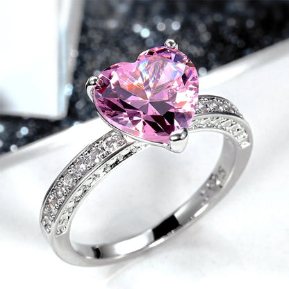 Cute/Romantic Heart Shape Cubic Zirconia Ring Bands Luxury Pink Stone Bridal Wedding Jewelry Rings