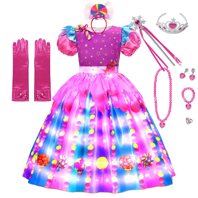 LED Light Up Princess Candy Dress For Girl Lollipop Party Clothing Kids Cosplay Costume New Years Dress 2-10Y