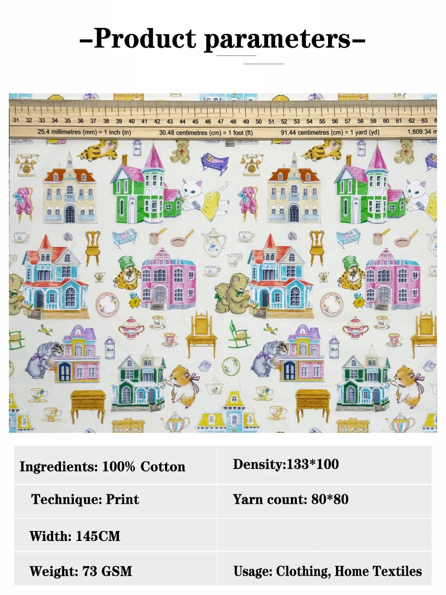 100% cotton Hokkoh-Doll house Milky tana lawn fabric 80s Poplin printing Sewing fabric Making Dress Clothing Handmade DIY Cloth