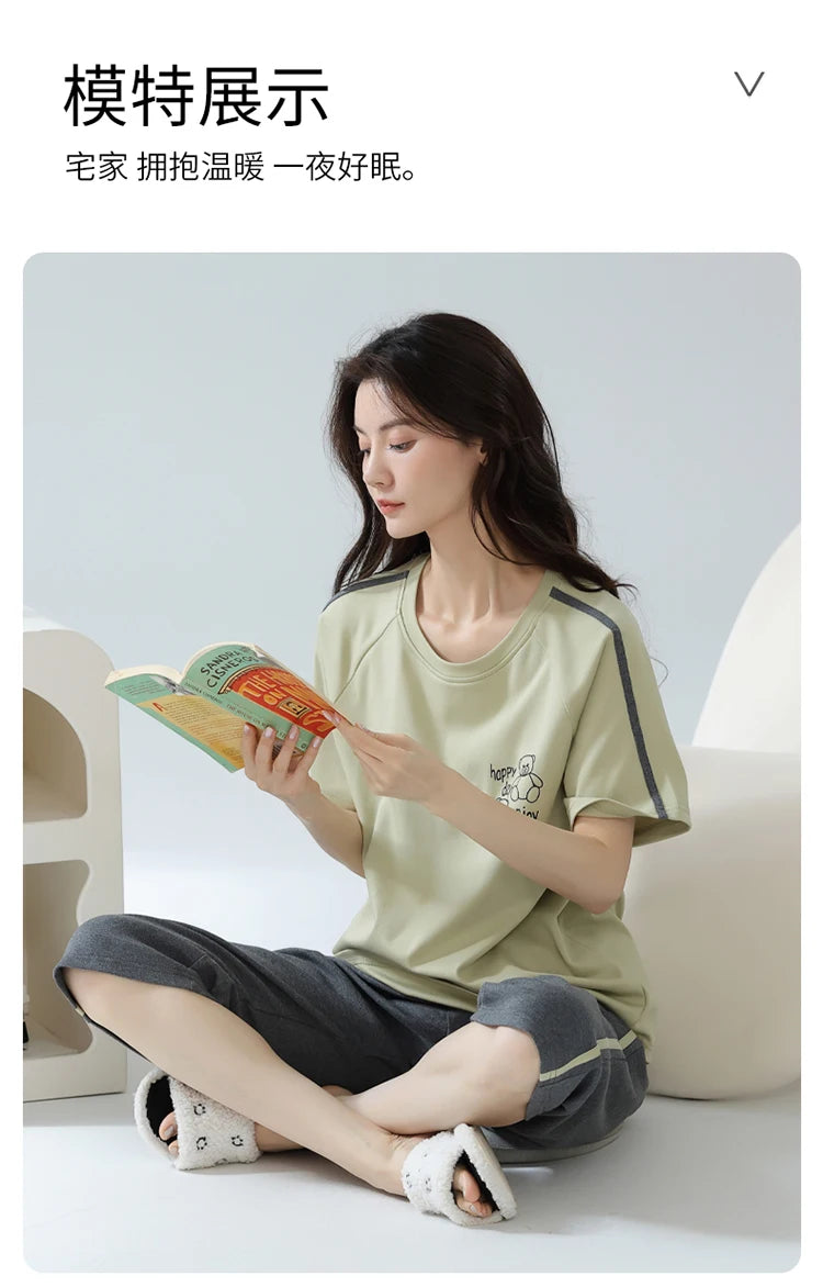 2-Pcs Women’s Cotton Pajama Set – Breathable Short Sleeve Summer Sleepwear with Cute Prints